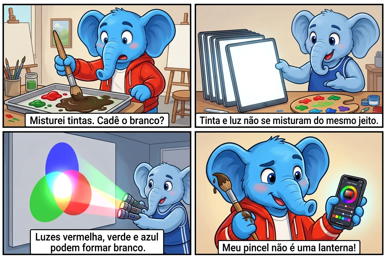 Lucas mistura tintas e Diego mostra a diferença entre pigmento e luz.