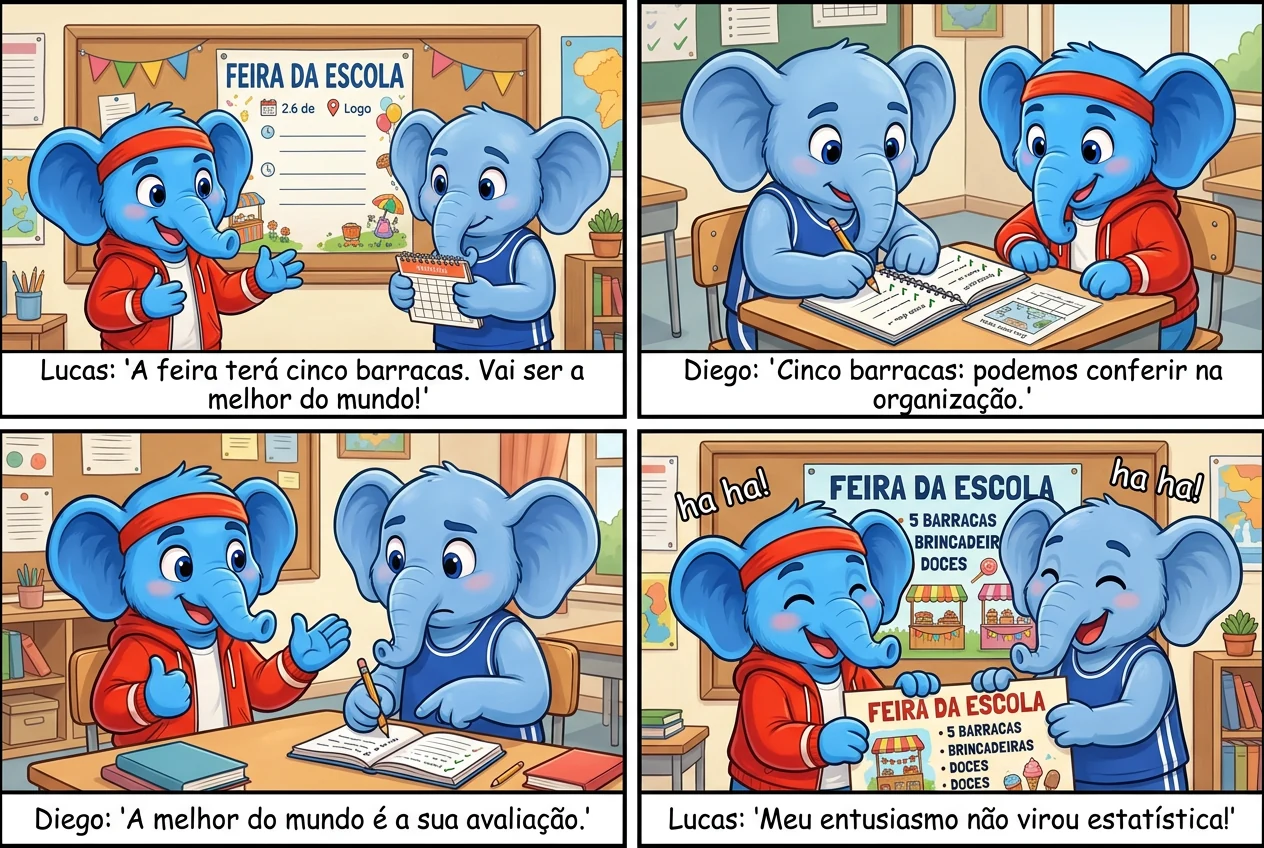 Lucas anuncia a feira da escola e Diego separa quantidade de barracas de avaliação pessoal.