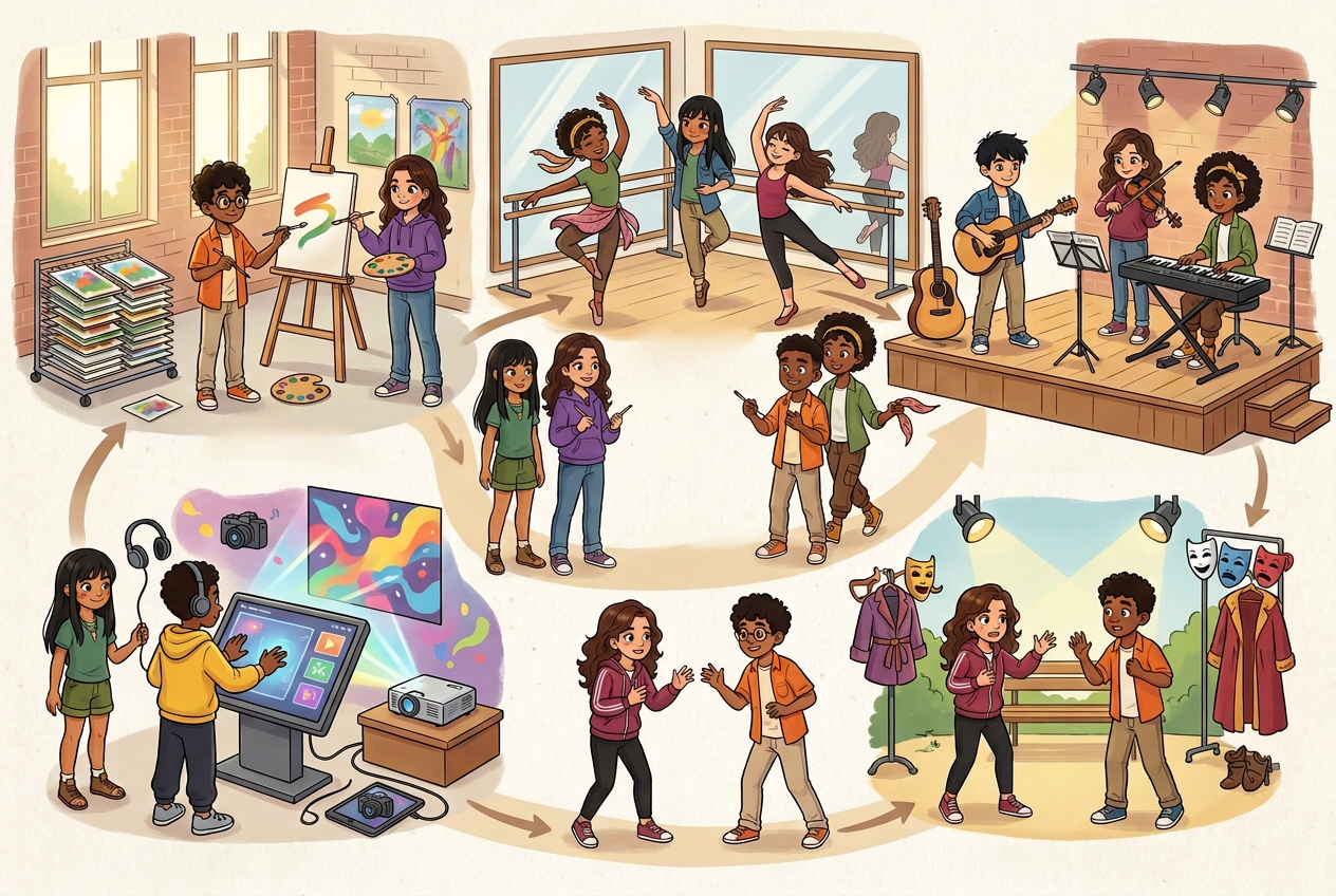 Estudantes Kursay vivenciam artes visuais, dança, música, teatro e criação multimídia.
