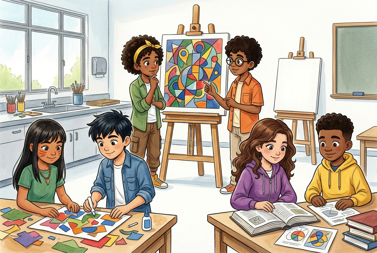 Estudantes Kursay criam, leem e contextualizam produções visuais em uma sala de Arte.