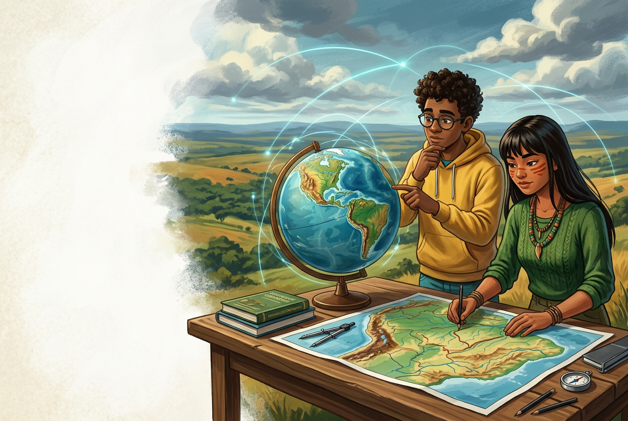Jaci e um estudante analisam um globo e um mapa físico diante de uma paisagem de Cerrado.