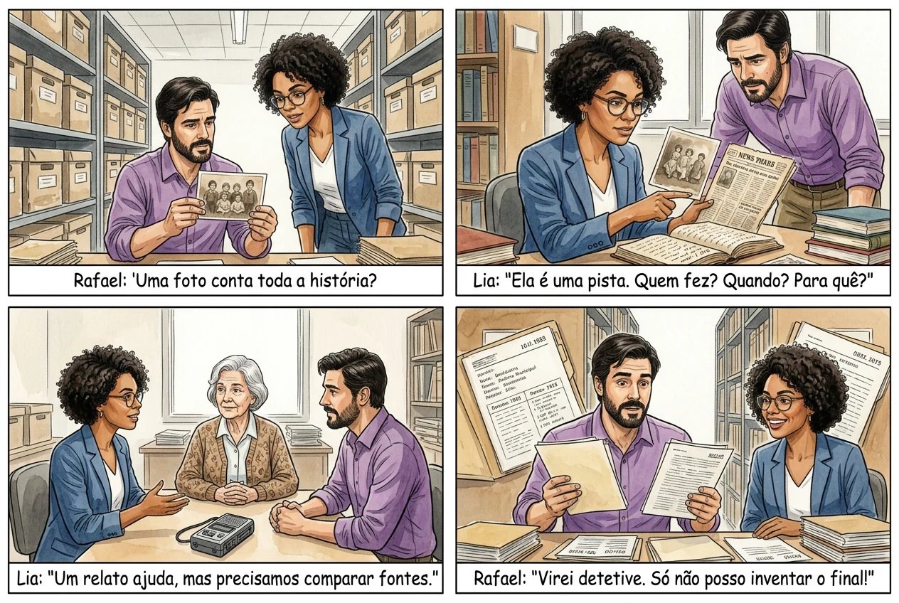 Rafael e Lia comparam fotografia, documentos e relato no arquivo.