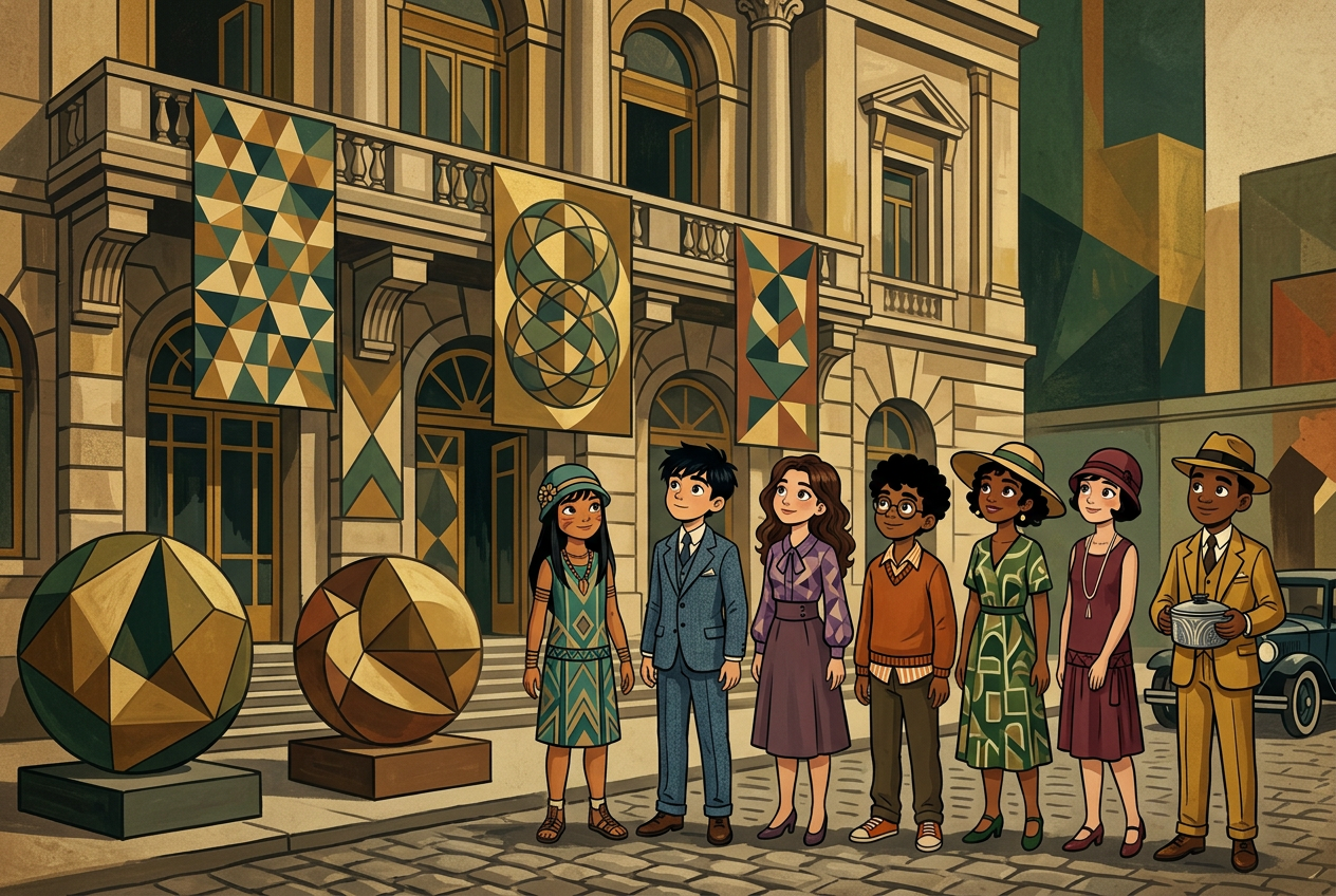 Estudantes Kursay em uma cena de 1922 diante do Theatro Municipal e de formas geométricas autorais.