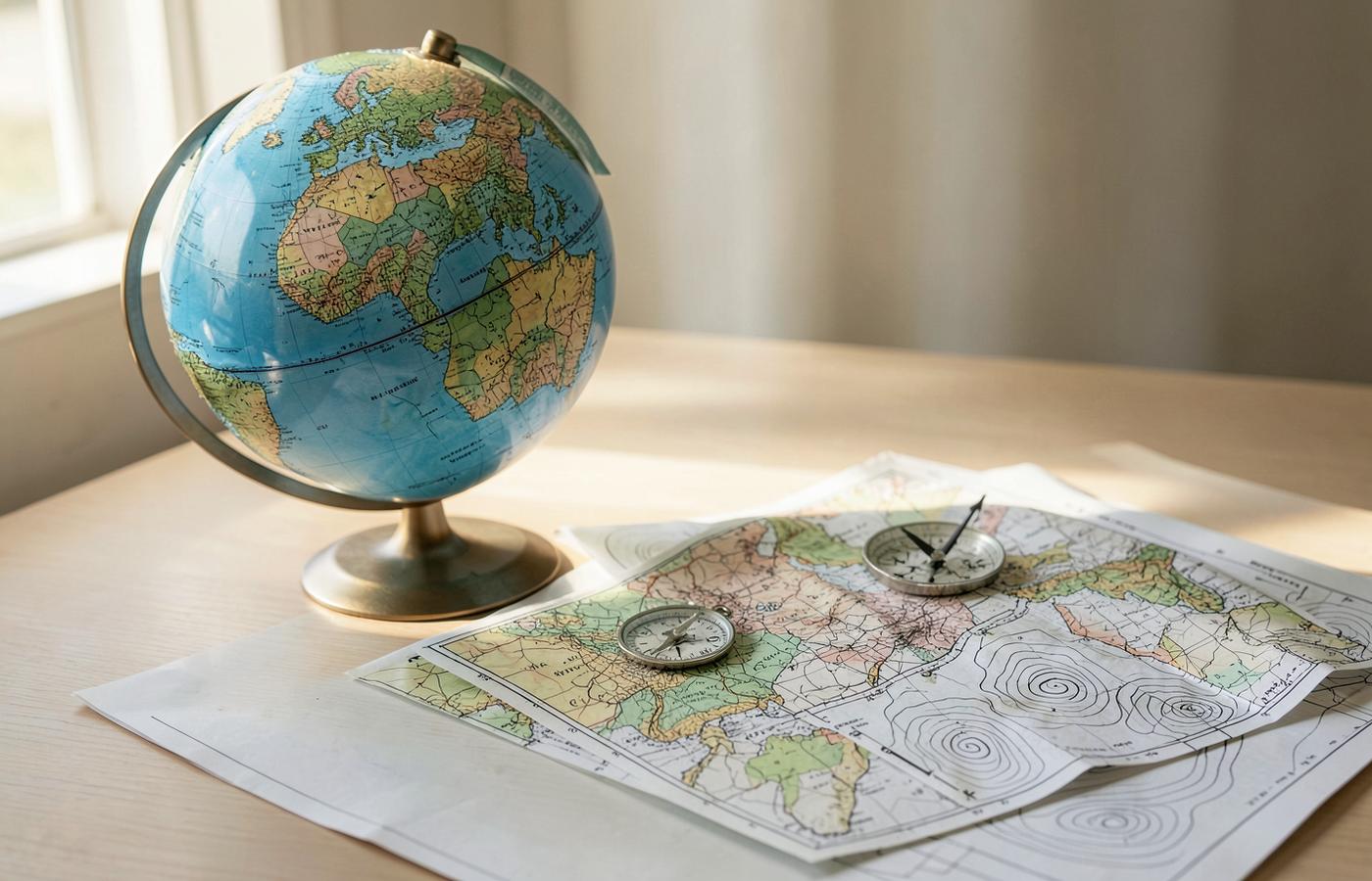 Globo e mapas sobre uma mesa de estudos
